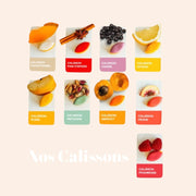 Assortiment de calissons artisanaux Maison Fruidoraix aux fruits et épices, présentés par saveurs sur fond clair.