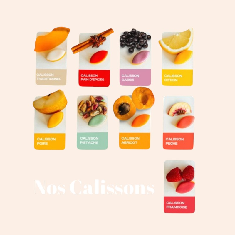 Assortiment de calissons artisanaux Maison Fruidoraix aux fruits et épices, présentés par saveurs sur fond clair.