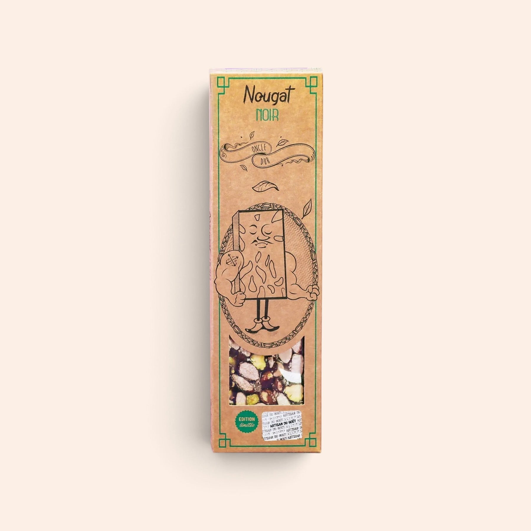 Barre de nougat noir Maison Fruidoraix aux amandes et miel caramélisé dans son emballage cartonné illustré