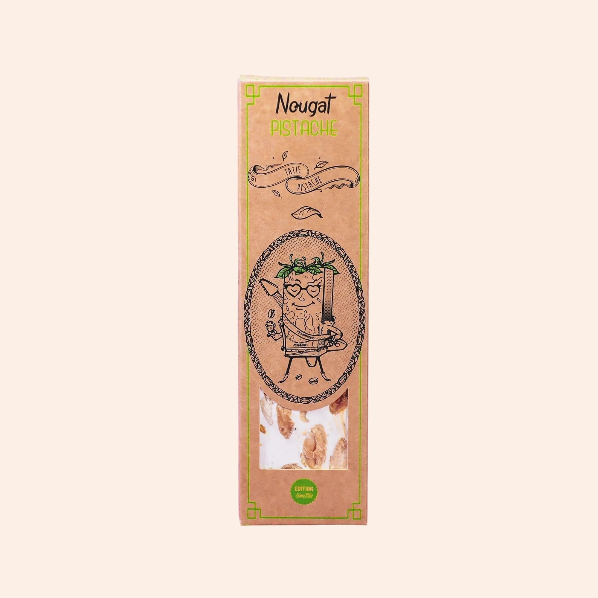 Barre de nougat à la pistache Maison Fruidoraix dans son emballage en carton kraft avec illustration ludique