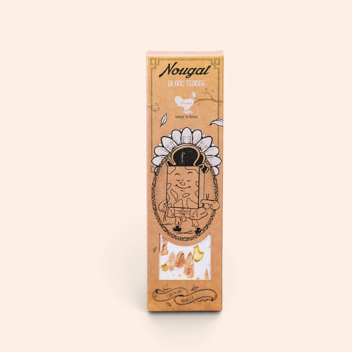 Barre de nougat vanille Maison Fruidoraix 80g dans son emballage en carton kraft illustré