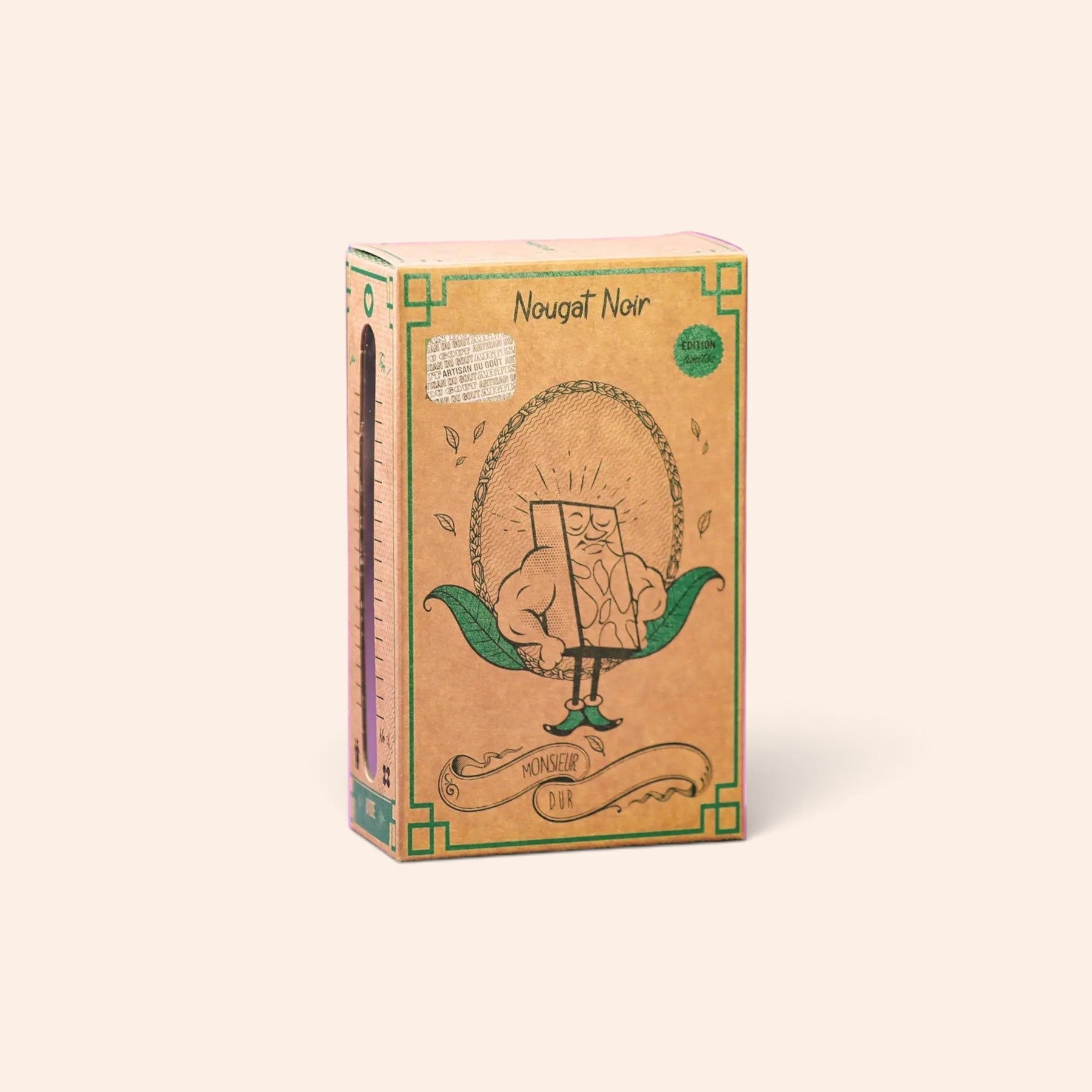 Boîte de nougat noir Monsieur Dur Maison Fruidoraix avec illustration vintage sur fond crème