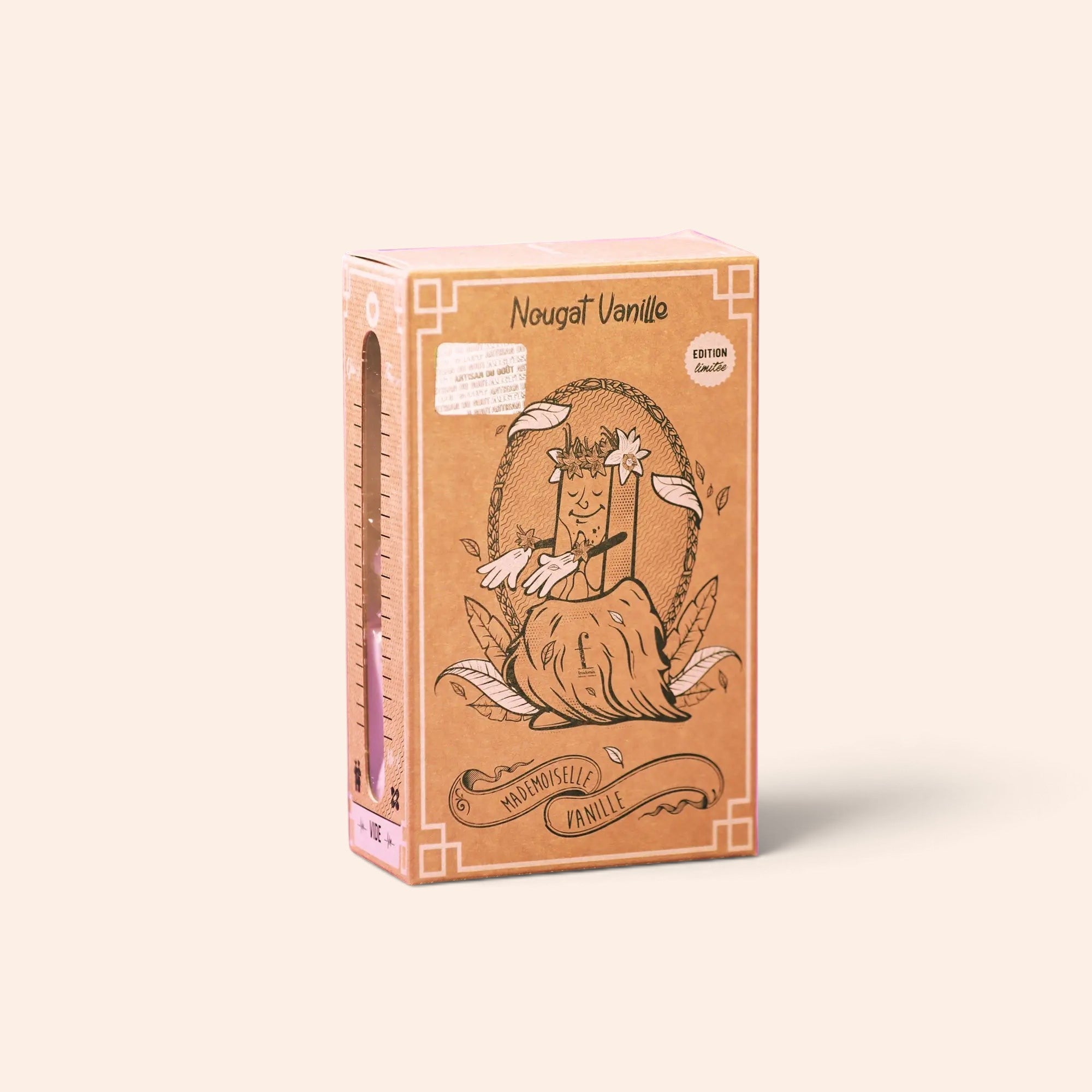 Boite de nougat à la vanille Maison Fruidoraix dans un emballage en carton kraft illustré avec une touche artisanale