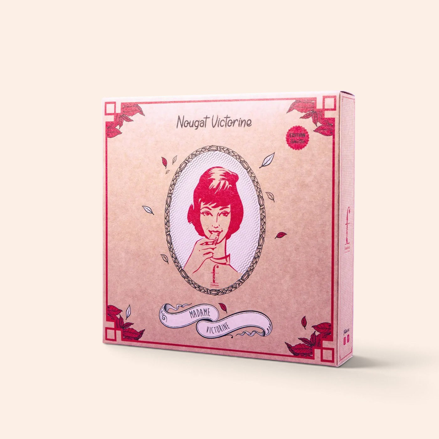 Boîte de 400g de nougat aux noisettes Maison Fruidoraix, emballage kraft illustré avec le portrait de Madame Victorine