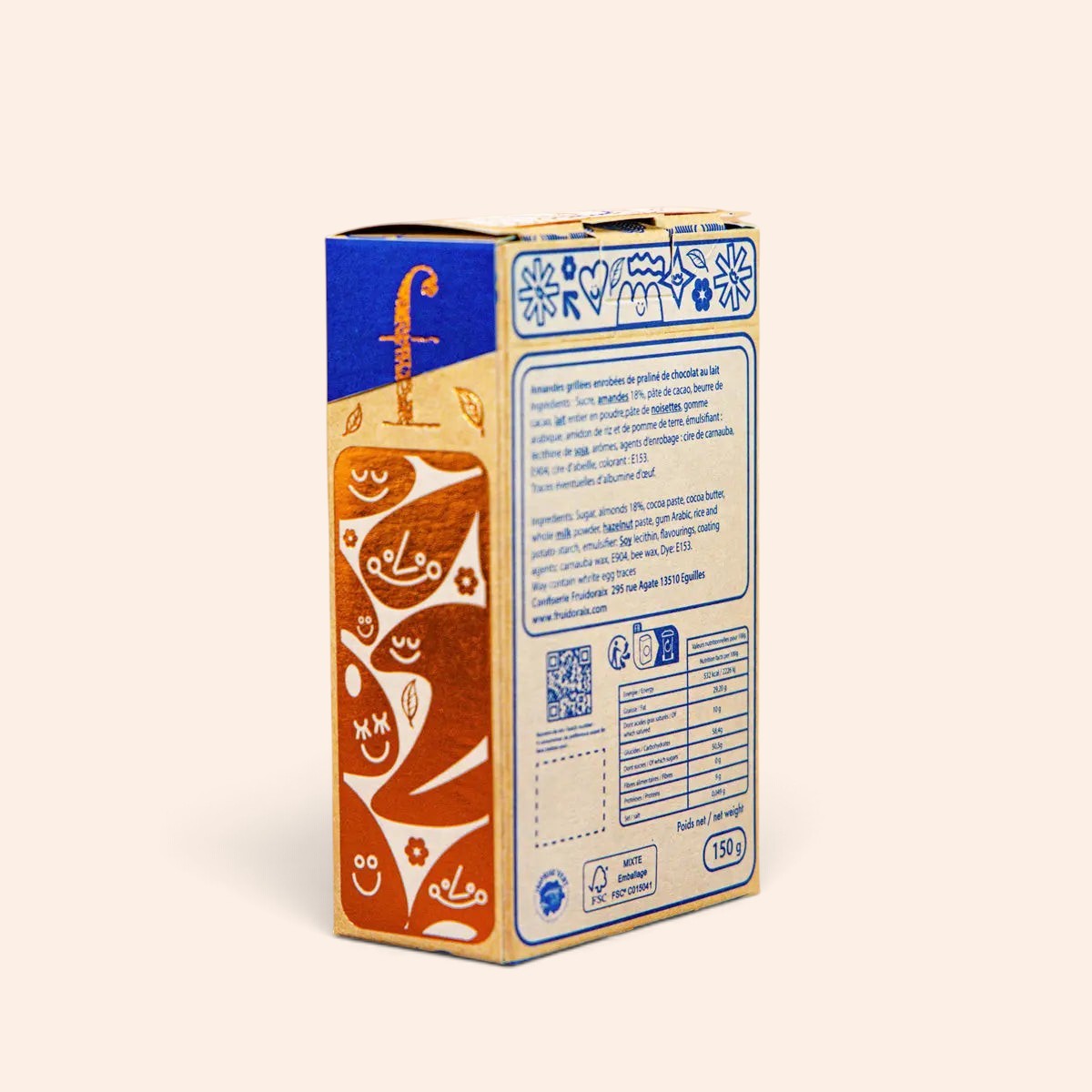 Boîte de Petits galets Maison Fruidoraix de 150 g avec emballage illustré bleu et doré contenant des amandes pralinées