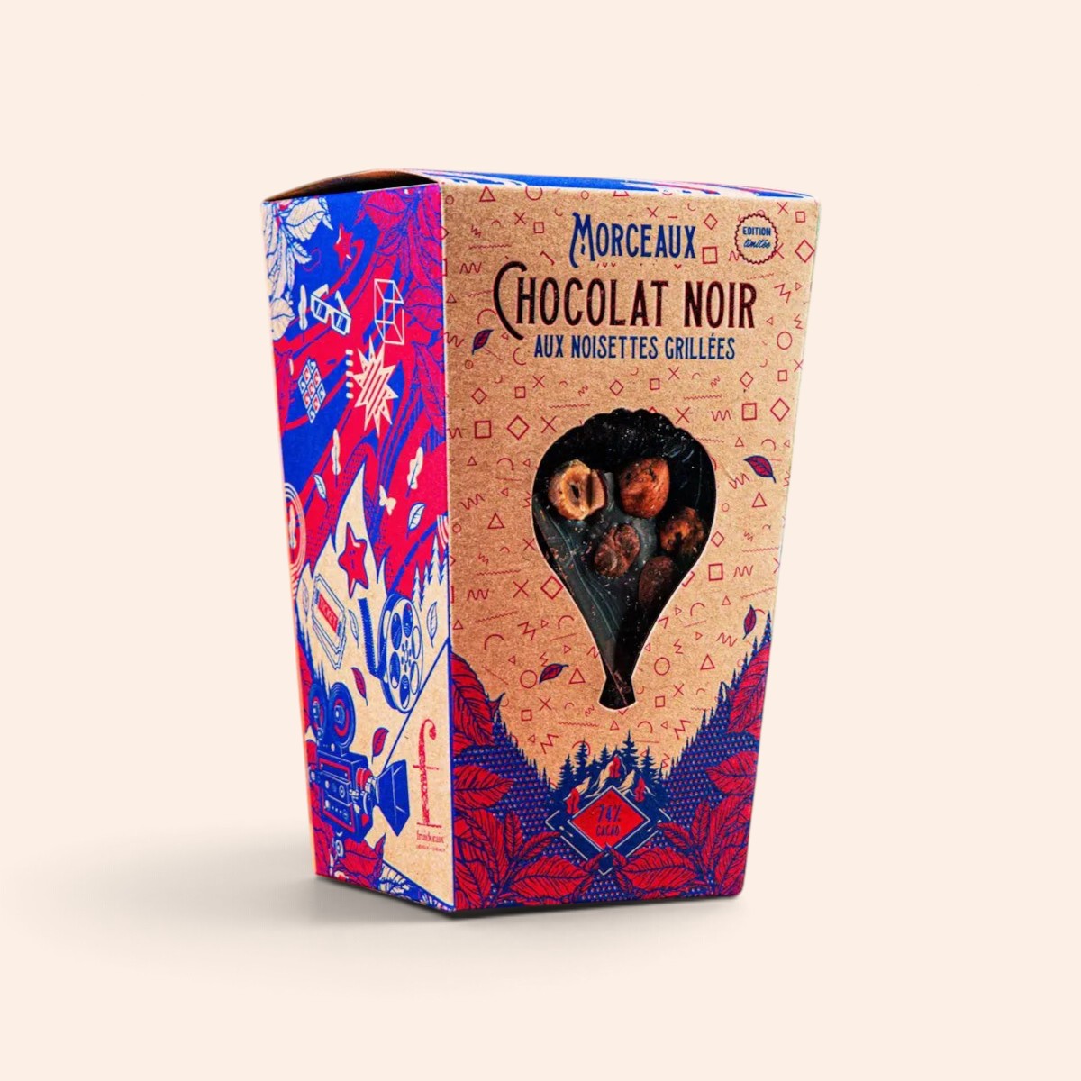 Boîte de morceaux de chocolat noir 74% aux noisettes grillées Maison Fruidoraix avec emballage illustré coloré