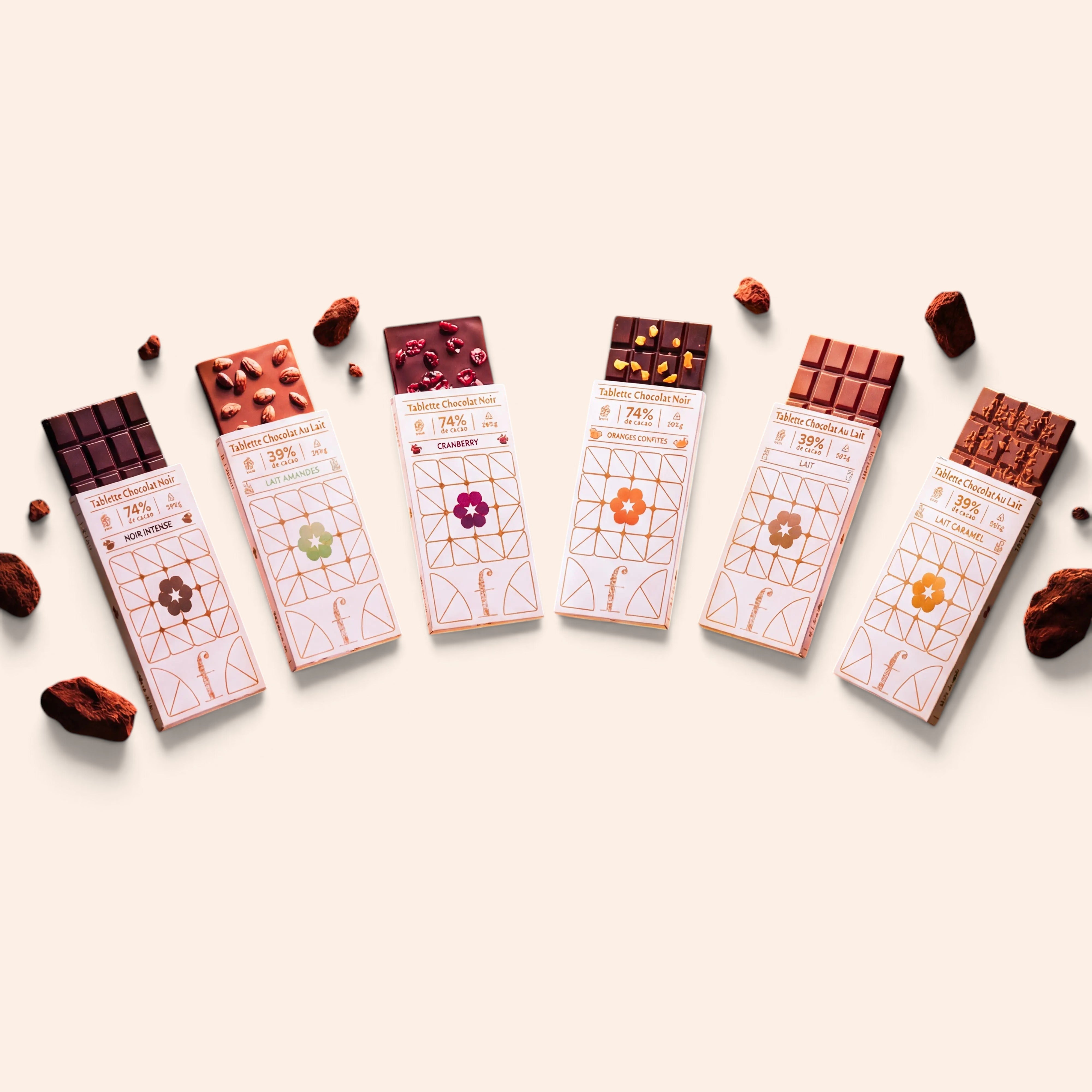 Collection de six tablettes de chocolat artisanales Maison Fruidoraix avec divers ingrédients sur fond beige