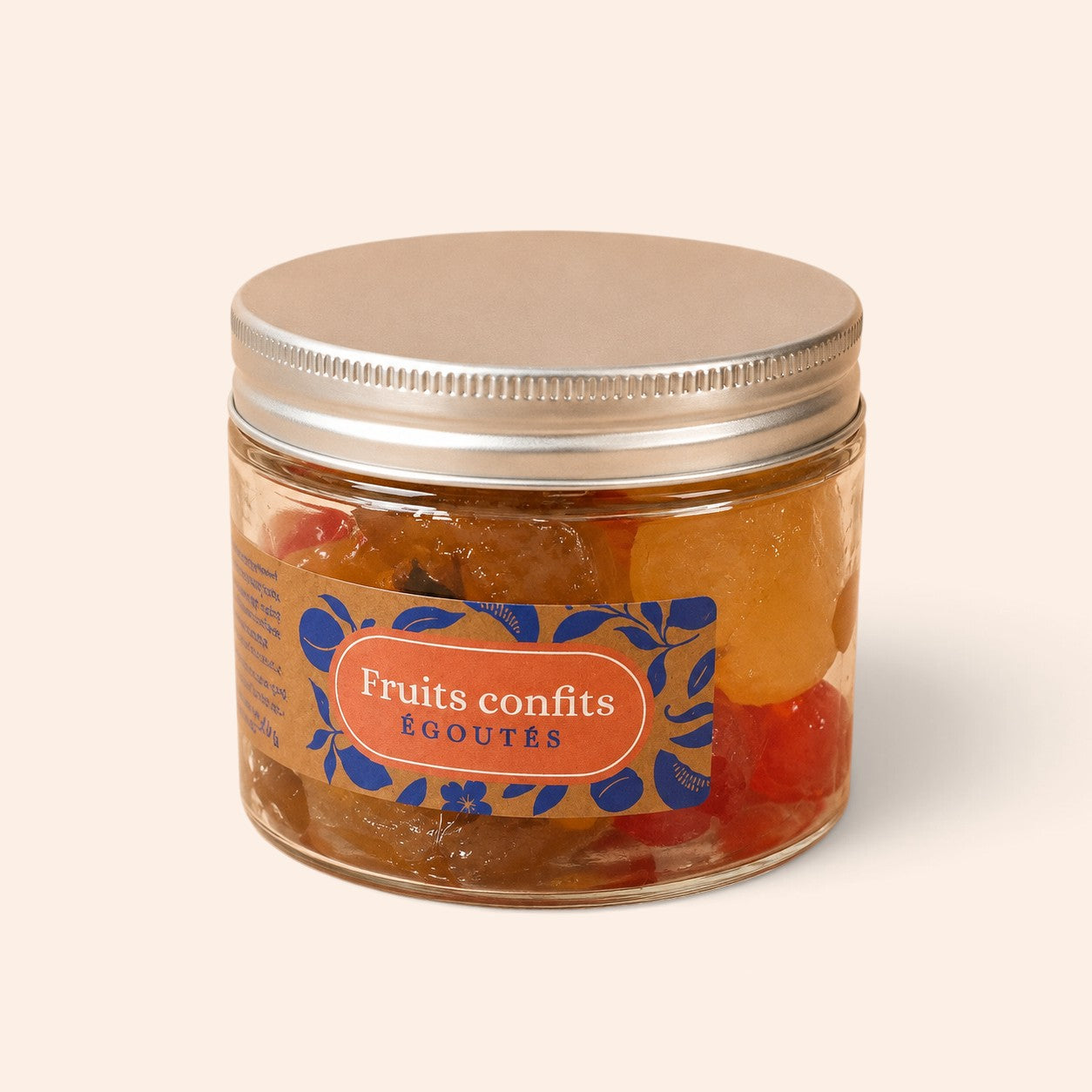 Assortiment de fruits confits Maison Fruidoraix dans un bocal en verre avec couvercle argenté