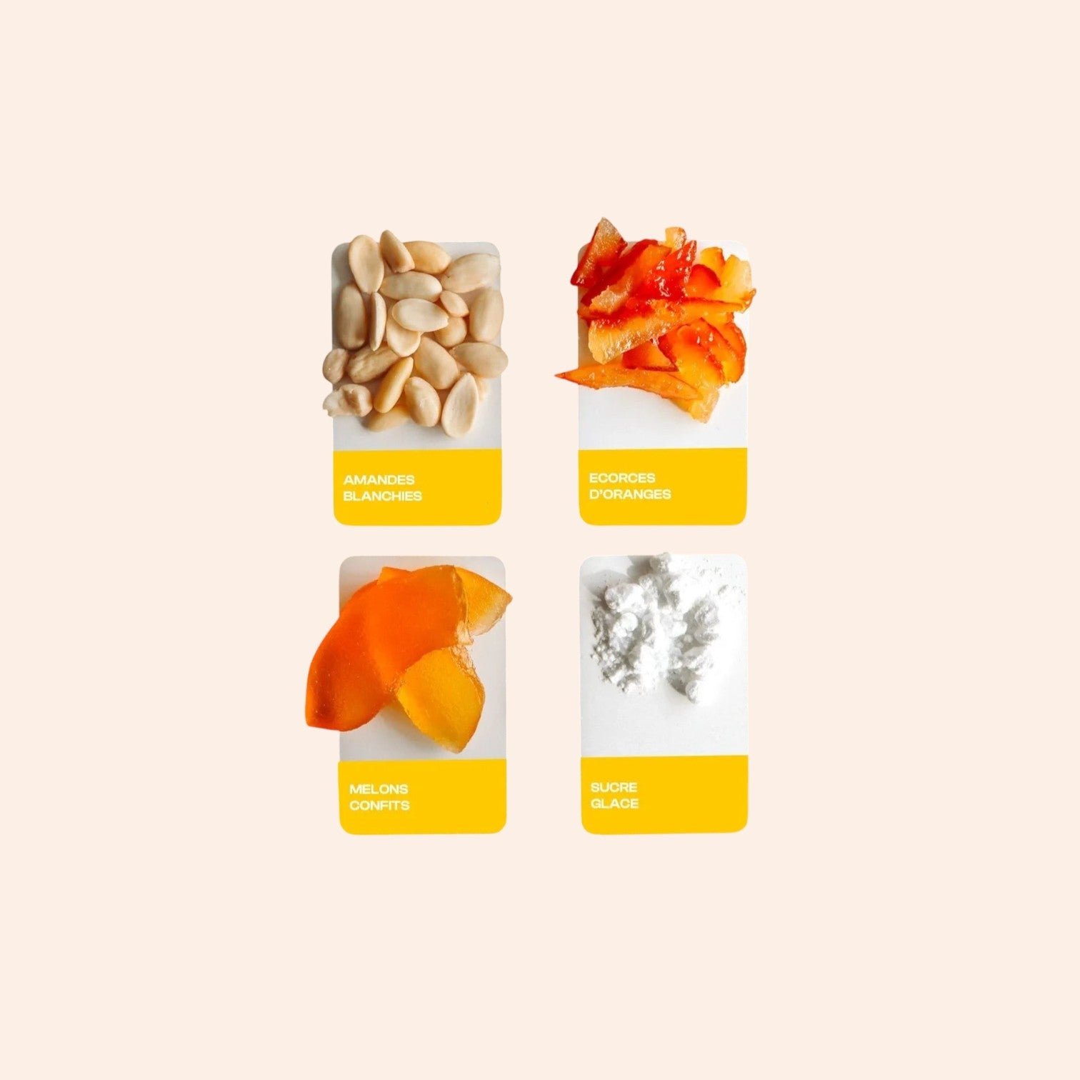 Ingrédients des calissons Maison Fruidoraix : amandes blanchies, écorces d'oranges, melons confits et sucre glace.