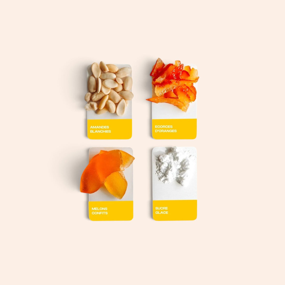 Ingrédients des mini calissons Maison Fruidoraix : amandes, écorces d'oranges, melons confits et sucre glace