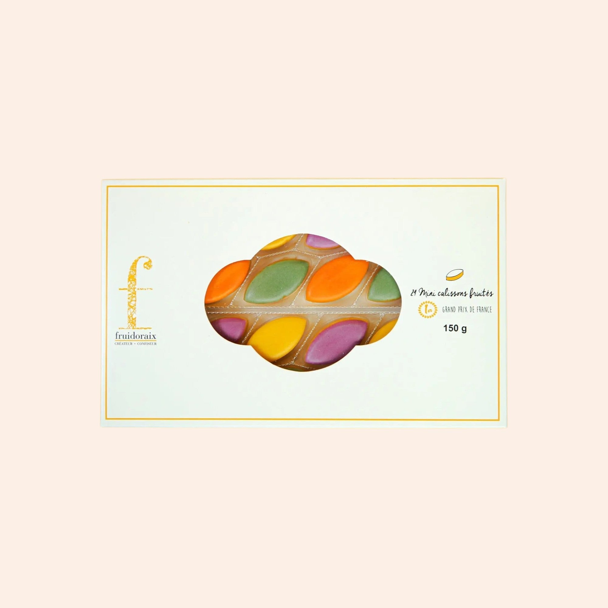 Etui de 150g de mini calissons fruités Maison Fruidoraix aux saveurs abricot, citron, pistache et cassis