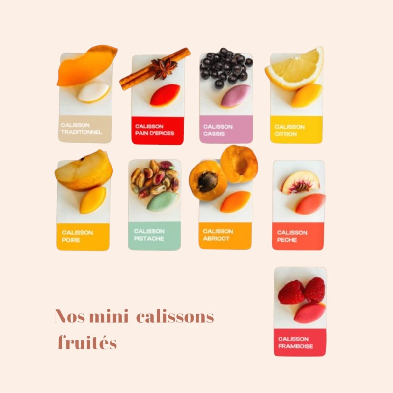 Assortiment de mini-calissons fruités Maison Fruidoraix avec leurs ingrédients naturels respectifs