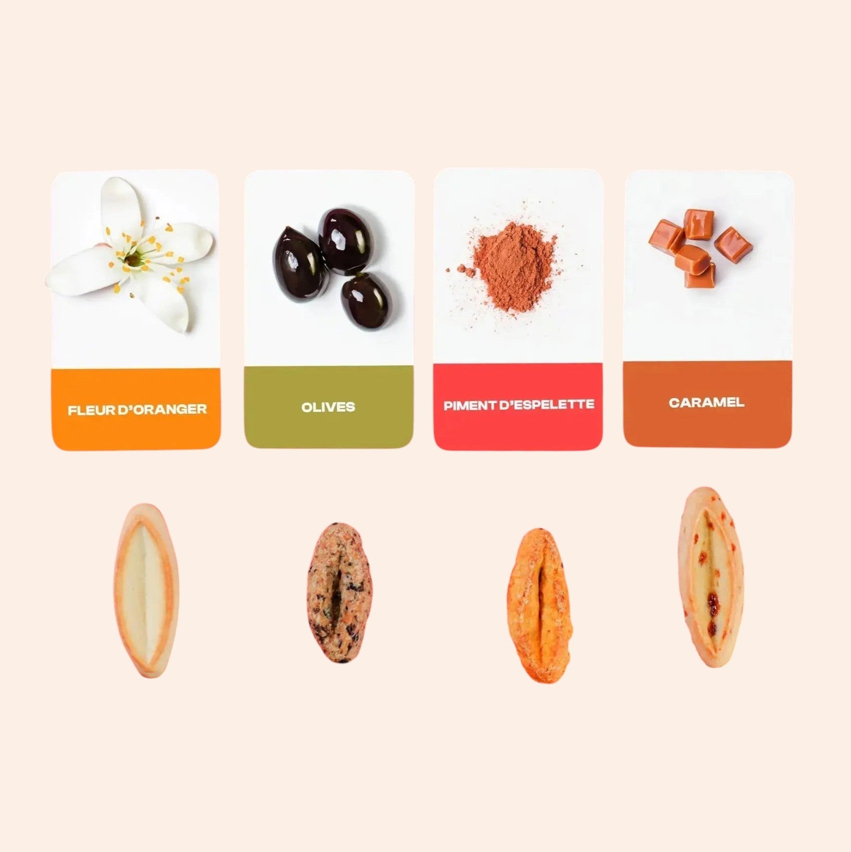 Assortiment de navettes Maison Fruidoraix aux saveurs fleur d'oranger, olives, piment d'Espelette et éclats de caramel