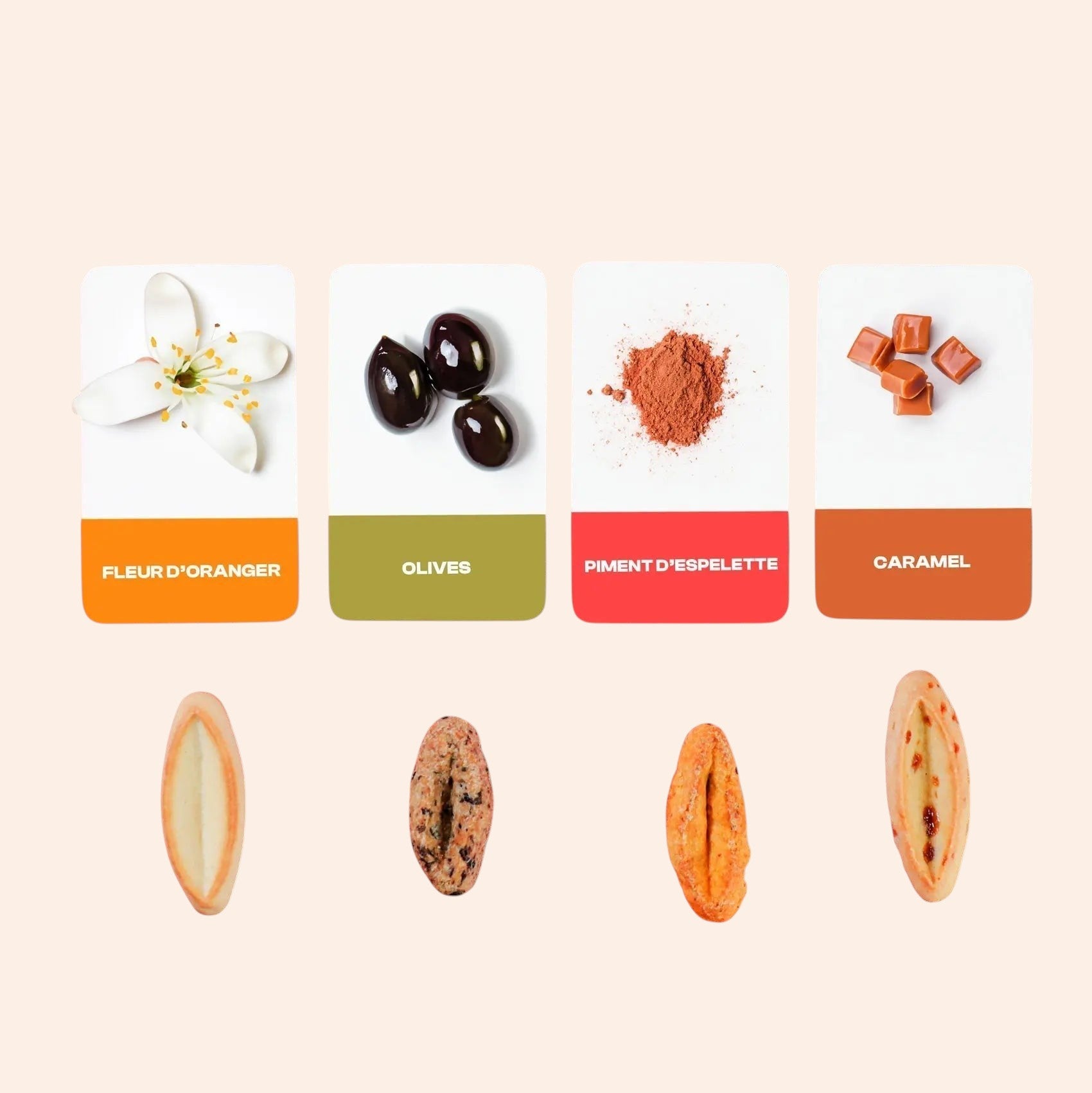 Assortiment de navettes Maison Fruidoraix avec fleur d'oranger, olives, piment d'Espelette et caramel