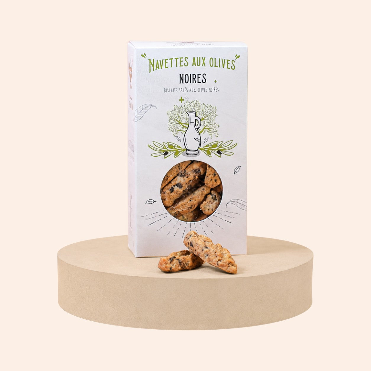 Boîte de navettes aux olives noires Maison Fruidoraix, biscuits salés provençaux sur socle beige