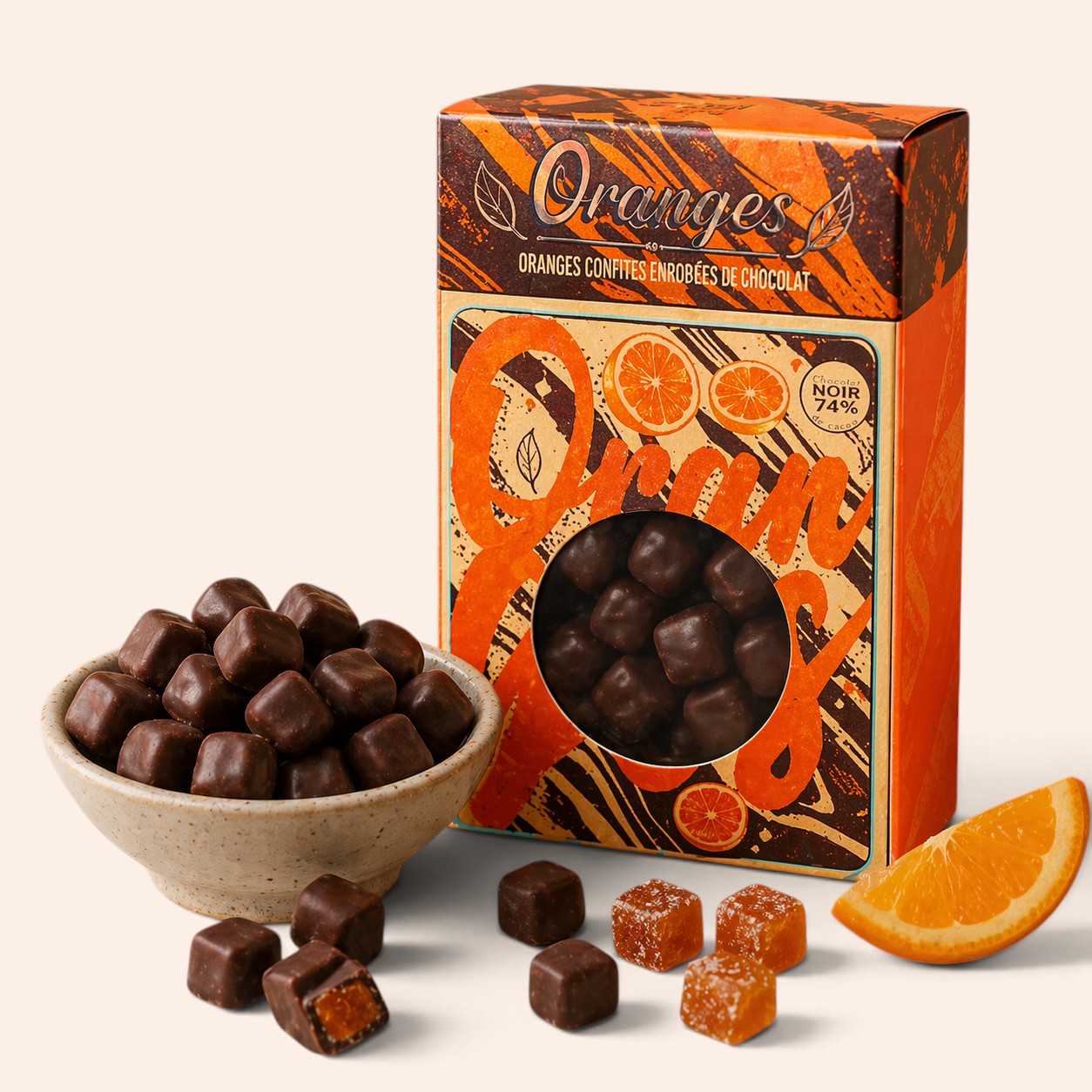 Orangettes Maison Fruidoraix : cubes d'écorces d'orange confites enrobés de chocolat noir 74% avec boîte et coupelle