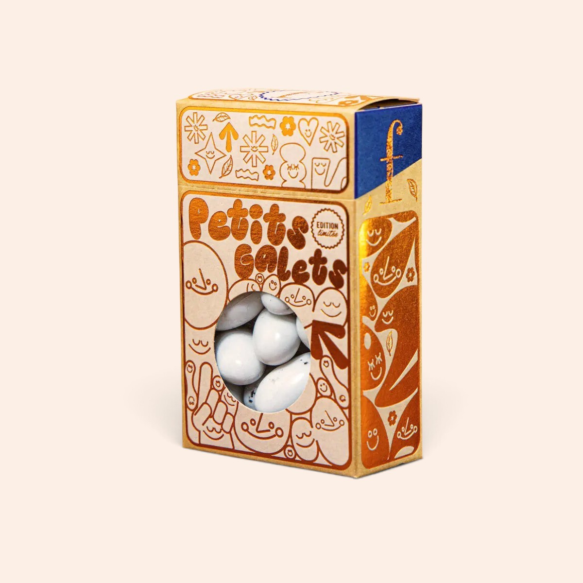 Boîte de Petits galets Maison Fruidoraix contenant des amandes enrobées de praliné au chocolat au lait