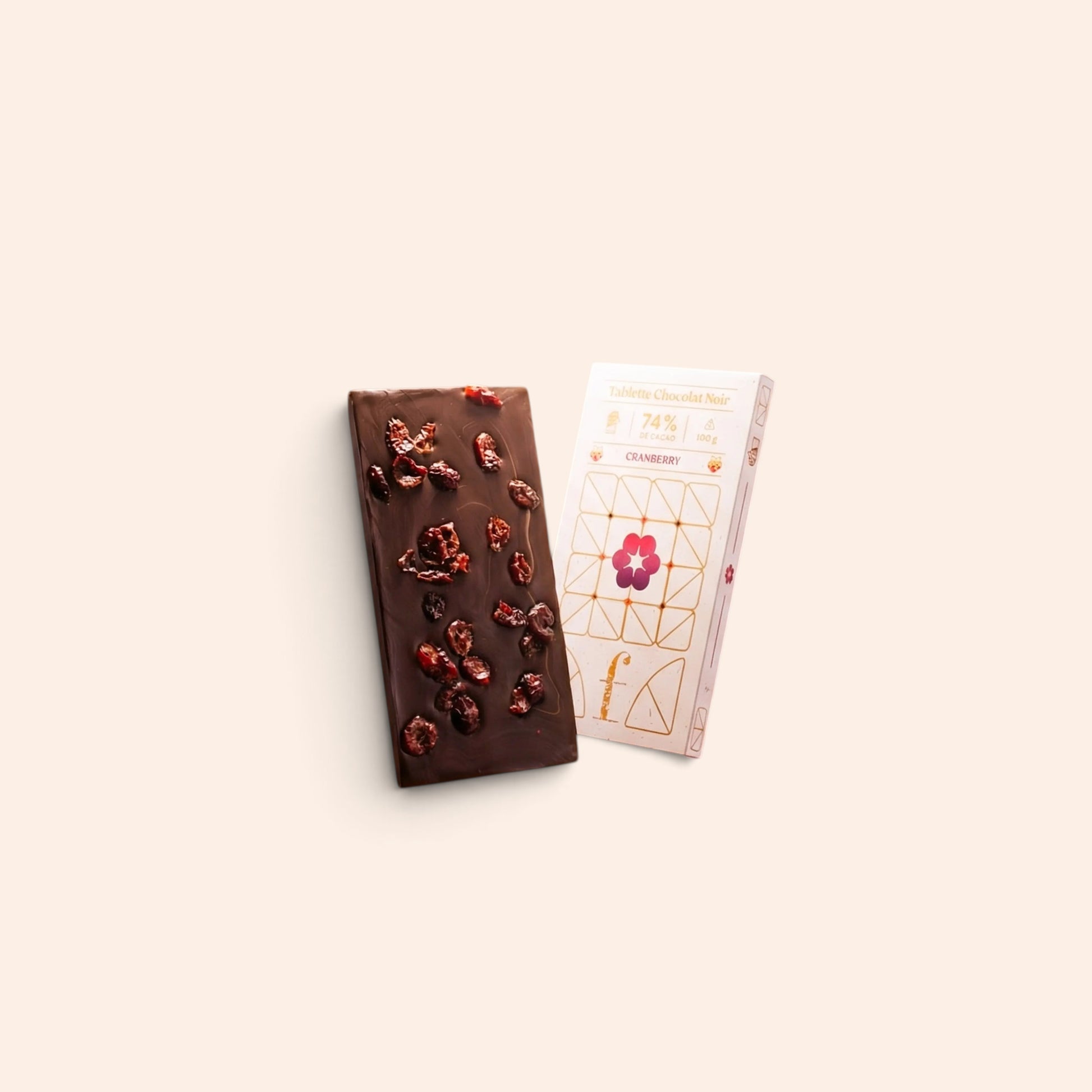 Tablette de chocolat noir 79% aux cranberries Maison Fruidoraix, artisanale et gourmande avec des fruits secs