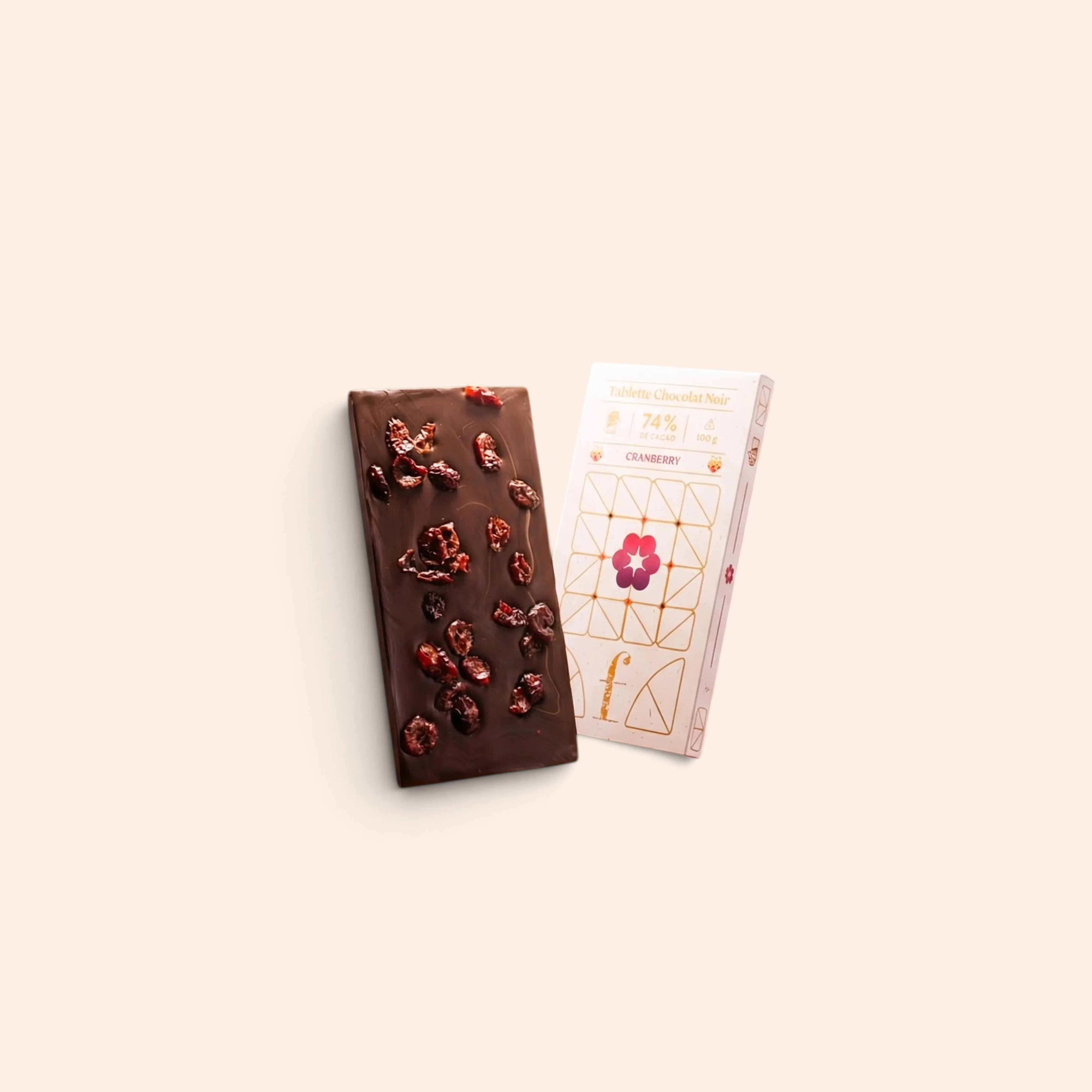 Tablette de chocolat noir 79% aux cranberries Maison Fruidoraix, artisanale et gourmande avec des fruits secs