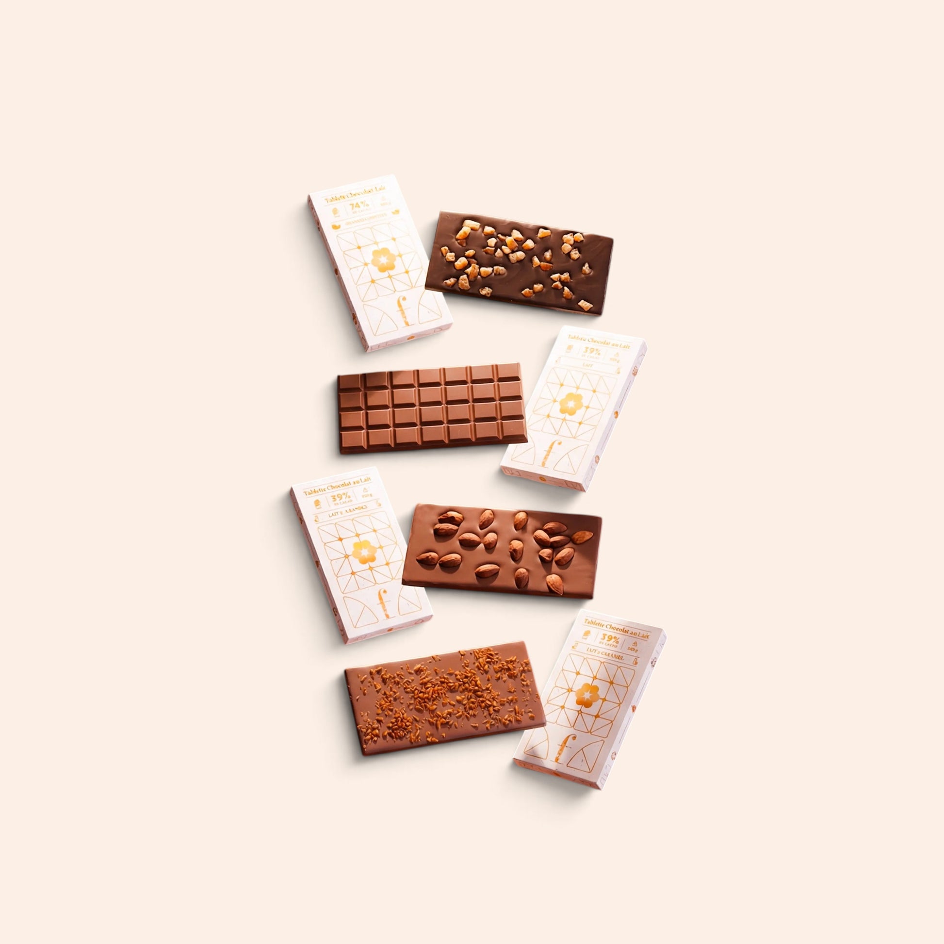 Collection de tablettes de chocolat Maison Fruidoraix avec amandes, caramel et chocolat au lait artisanal