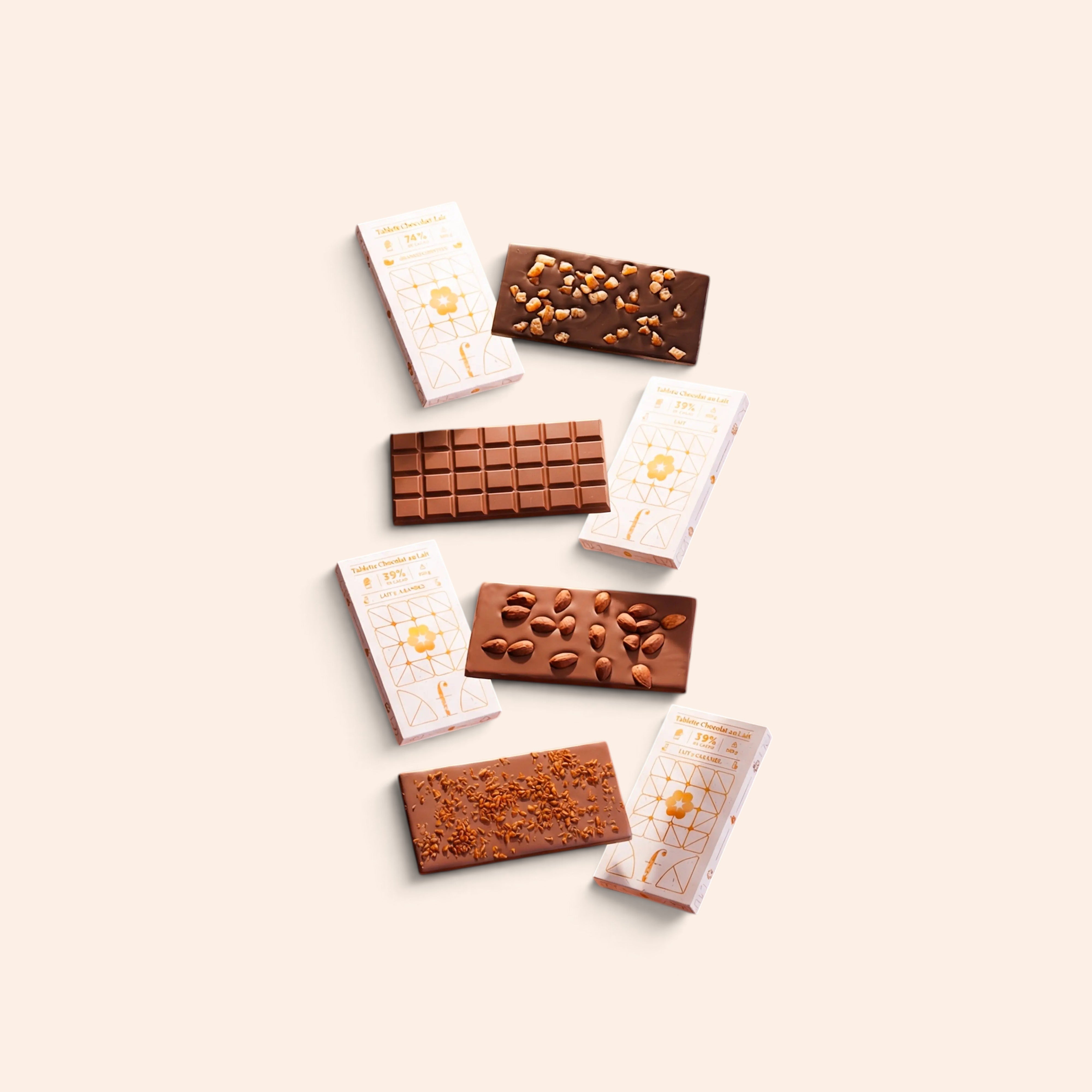 Collection de tablettes de chocolat Maison Fruidoraix avec amandes, caramel et chocolat au lait artisanal